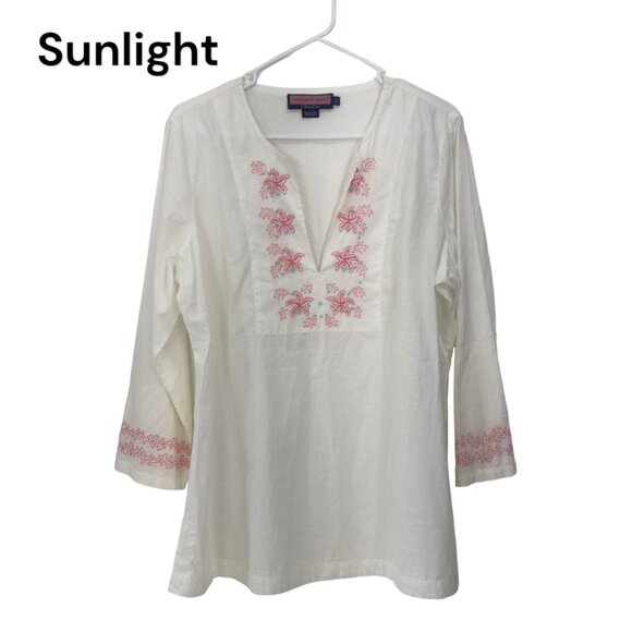 Vineyard Vines Women Ivory Embroidered Tunic Top-3/4 Sleeve SZ Large Soft Cotton - Picture 1 of 13